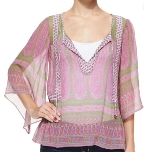 CALYPSO ST BARTH Paisley Mixed Print 100% Silk Tie Neck Sheer Top Pink Sz S - Picture 1 of 8
